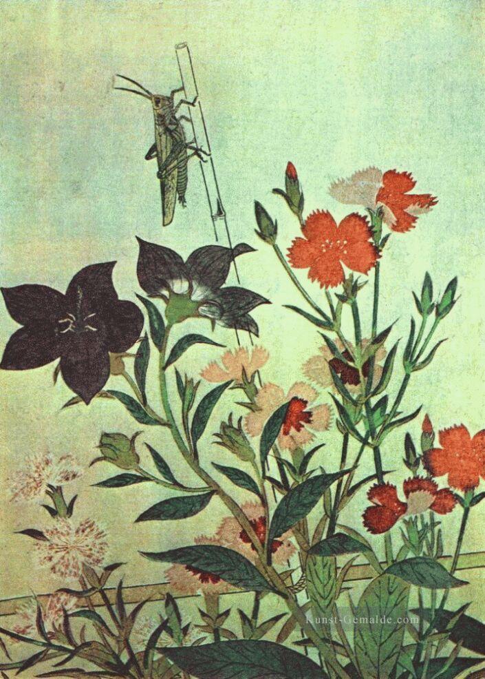 Reispaorust rote Libellenspfliege pinks chinese Glockenblumen 1788 Kitagawa Utamaro Ukiyo e Bijin ga Ölgemälde